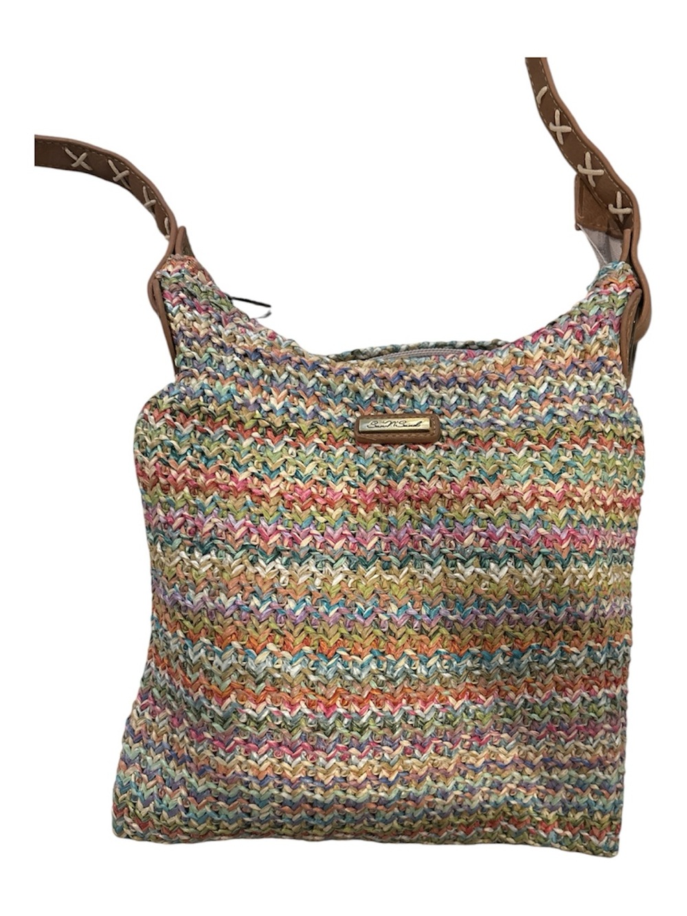 Woven Multicolor crossbody Bag with Brown Leather Strap